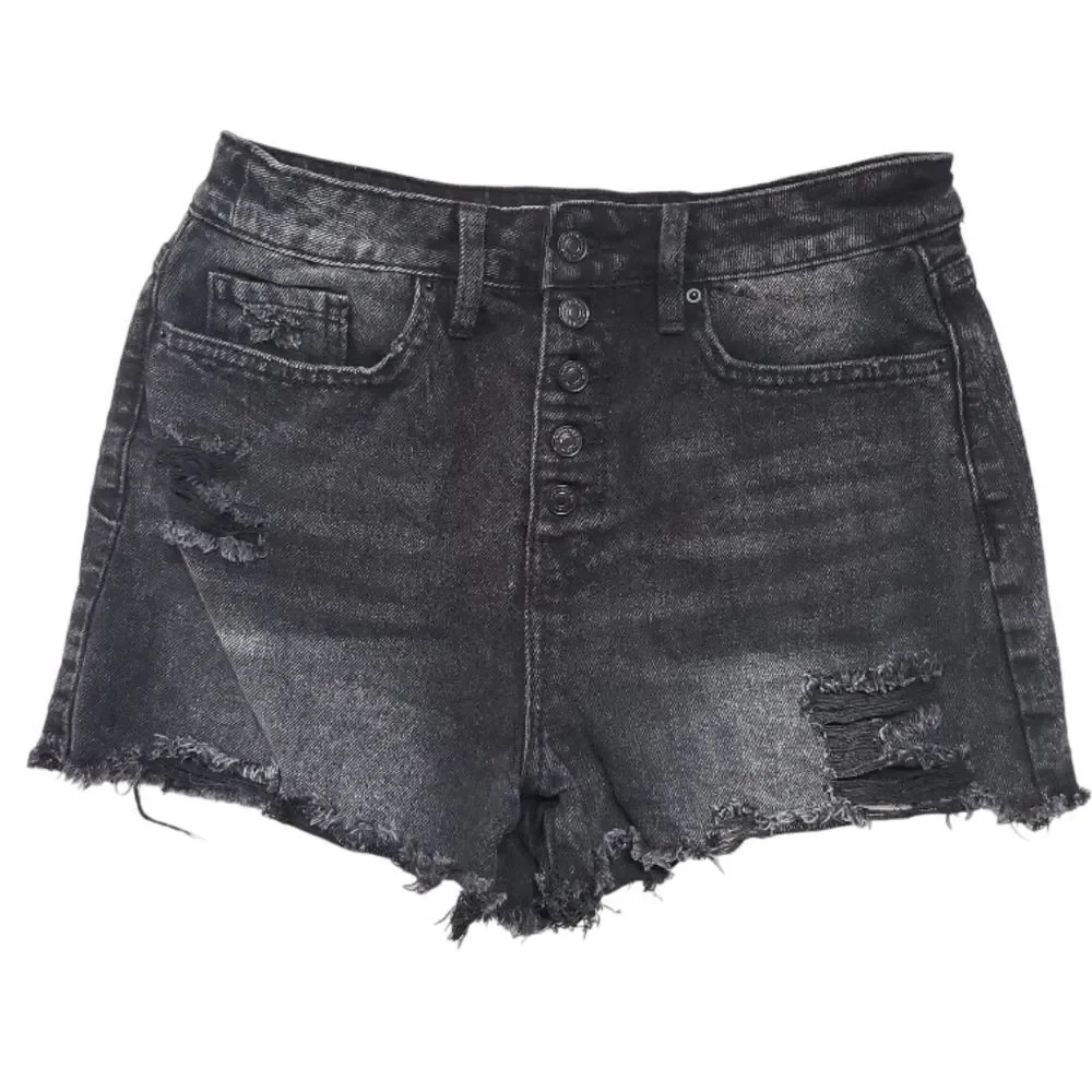 YMI Black Distressed Ripped Raw-Hem Denim Jean 5 Button-Fly Shorts Size‎ 29